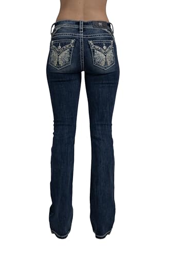 Miss Me Womens Butterfly Wing Embellished Faux Flap Pockets Mid-Rise Bootcut Jeans (Dark Blue 29W x 32L)
