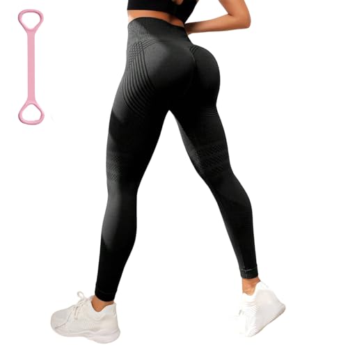 Women's Leggings 3D Anti-Cellulite High-Waist Sculpting Push-Up Yoga Fitness Workout Pants (Includes TPR Resistance Band) (11,X-Large)