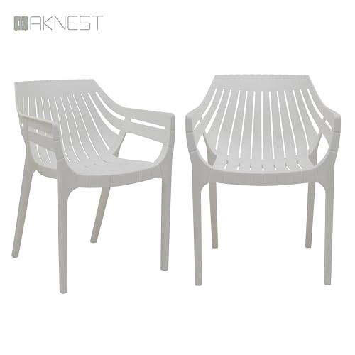 Image of OAKNEST Supreme Spectrum Plastic Arm Chair - Modern Slatted Stackable Chair for Living Room, Dining, Garden, Balcony, Restaurant & Cafe | Indoor Outdoor Designer Chair, Set of 2, Milky White