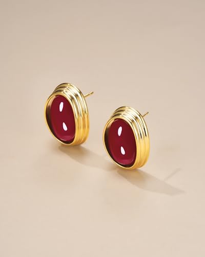 Gold Maroon Red Carnelian Round Oval Ribbed Button Chunky Statement Earrings for Women by SNGIA, Bold Handmade Exaggerated Dome Retro Rounded Button Trendy Bohemian Gemstone Stud Jewelry Gifts, Unique Vintage Baroque Stone Summer Beach Fashion Earrings Accessories, Thick Circular Nickle Free Huggies Earrings.3
