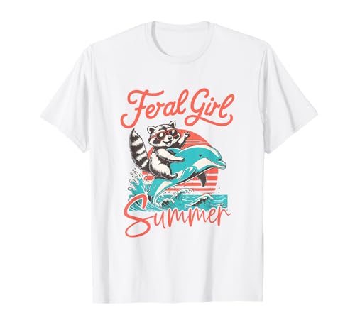 Feral Girl Summer Trash Panda Beach Vacation Dolphin Raccoon T-Shirt