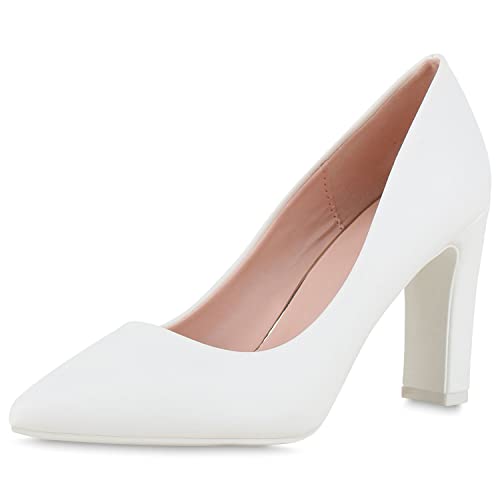 VAN HILL Damen Spitze Pumps Klassische Blockabsatz Schuhe Leder-Optik...