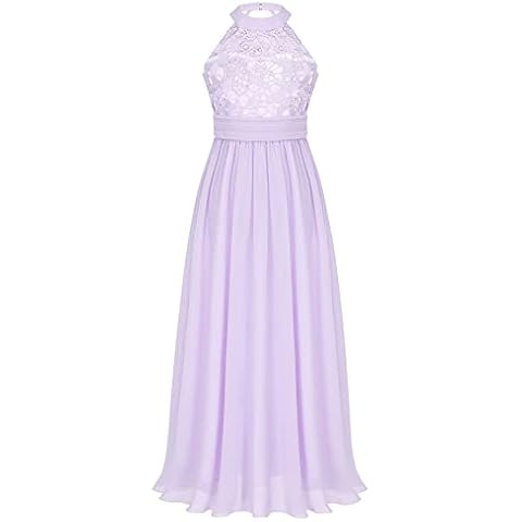 IEFIEL Vestidos Largos de Fiesta para Niña Cuello Haltera con Encaje Flor Vestido Elegante de Gasa Sólido Cover