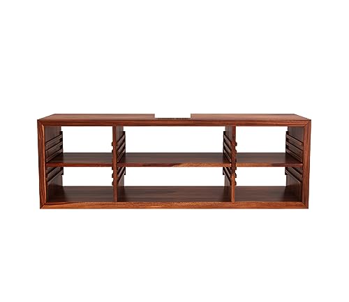 Image of Elegant Solid Sheesham Wood TV Unit for Living Room - 6 Adjustable Shelves, Accommodates up to 60-Inch TV (Dallas, Honey Finish)