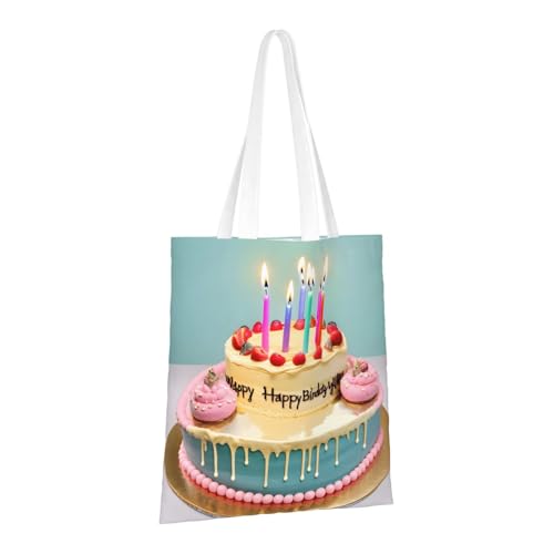 Happy Birthday Big Cake Print Polyester Canvas Tote Bag, Shopping Bag With Reinforced Handles, Reusable2