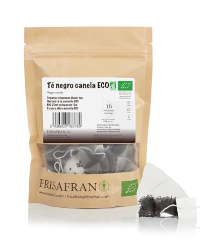FRISAFRAN | Té Negro con Canela en pirámide Ecológico 15uds | 30g | Té negro | Té Negro bolsitas | Antioxidante y energizante natural | te descafeinado | te de canela | sin aditivos