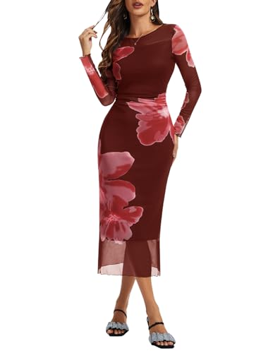 Dressystar Women’s Floral Print Bodycon Maxi Dress 2025 Summer Fall Ruched Long Sleeves Mesh Formal Wedding Guest Dresses