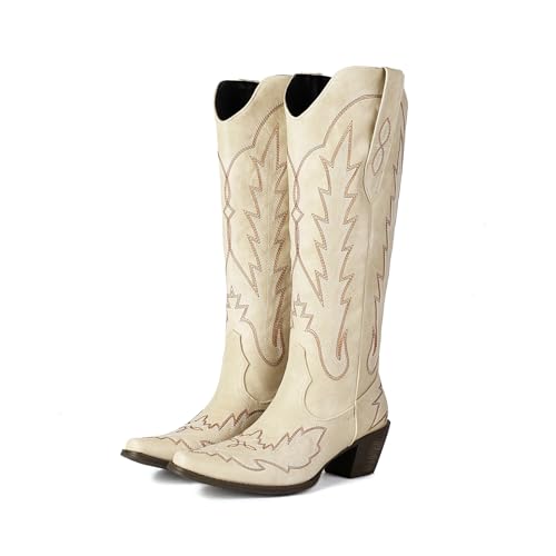 UniqueStride Women's Cowboy Boots Mid Calf Cowgirl Boots Embroidered Western Snip Toe Chunky Heel Boots Pull on2