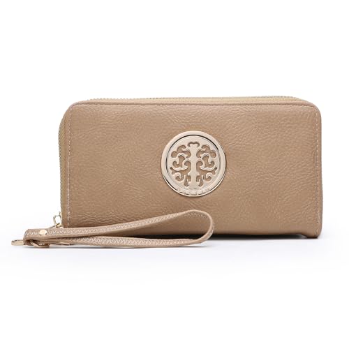 Dasein Woman Wallet Purse Zip Around Clutch Bag Phone Case with Wrist Strap Multiple Card Holders(Dark Beige)
