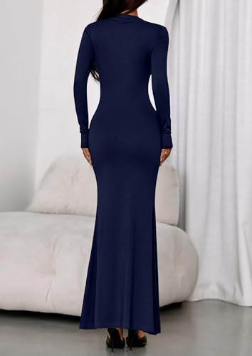 PRETTYGARDEN Fall Dresses for Women 2025 Long Sleeve Bodycon Mock Neck Ruched Maxi Formal Cocktail Wedding Guest Dress4