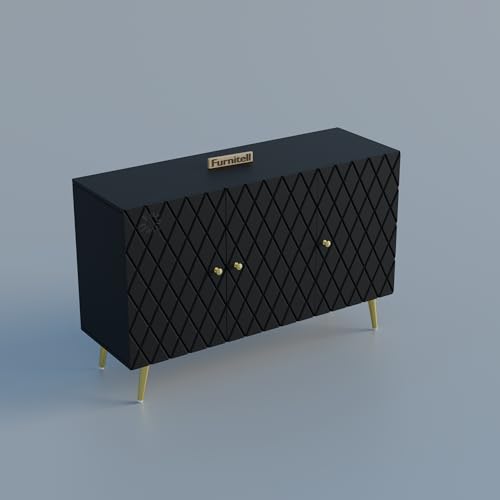 Image of Modern Wooden Storage Cabinet with 2 Doors | Geometric Design Sideboard /Cupboard for Living Room | Multipurpose Organizer for Bedroom & Entryway | HDMR Premium Wood | Gold Metal Legs(Black)