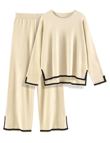 CMTOP Conjunto Punto Mujer Chandal Completo 2 Piezas de Cuello Redondo Tejer Manga Larga y Pantalones Casual Traje Deportivo Conjunto dos Piezas Otoño Suelto Chándal de Punto(Albaricoque, L)