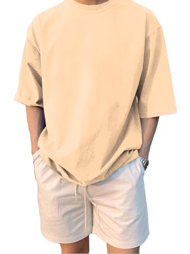 Image of LEOTUDE Half Sleeve Oversized Tshirt for Men, Round Neck Cottonblend Drop Shoulder Solid T-Shirt