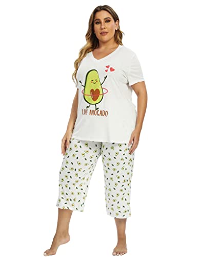 Image of Vozanet Women's Pajamas Set Soft V Neck Sleepwear Top and Capri Pj Lounge Sets Cartoon Heart Shape Cat Nighty Plus Size