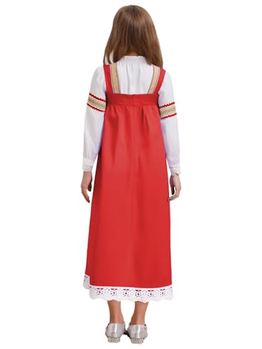 Child Girls Russian Ethnic Performance Dress Embroidered Blouse with Overalls and Headpiece White&Red 10 Years2
