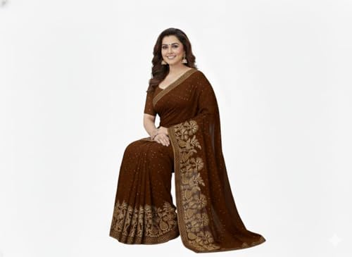 Image of M /S Sarvdhya Enterprises Women's Premium Heavy Work Georgette Saree with Unstitched Blouse Piece (Chocolate Brown)