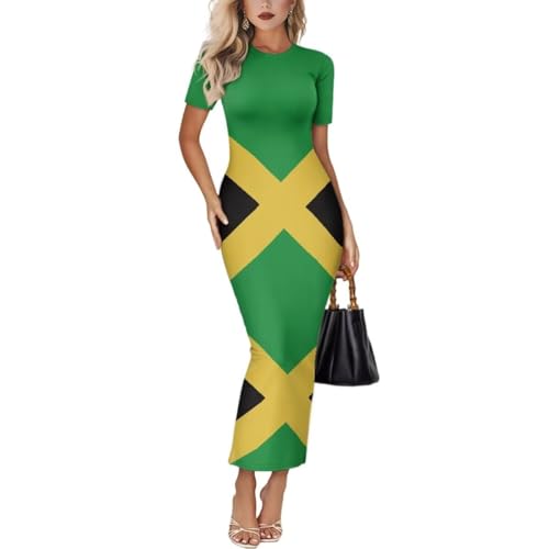 Image of Womens Short Sleeve Jamaican Flag Midi Bodycon Dress | Soft stretchy fabric,crew neck,jamaican print casual date night cocktail party, elegant chic, spring summer fall all season