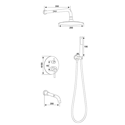Sistema doccia a pioggia a doppia funzione spazzolato – Soffione doccia rotondo da 20,3 cm e kit miscelatore portatile per un'esperienza di lusso in bagno, flusso d'acqua regolabile e facile