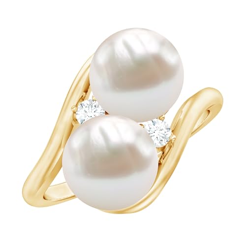 Real Handpicked Cultured Pearl 2 Stone Engagement Ring, AAA Quality, Certified Pearl Diamond Bypass Ring