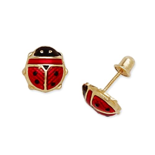 14k Solid Yellow Gold Enamel Screw Back Ladybug Earrings Stud Earring for Women in