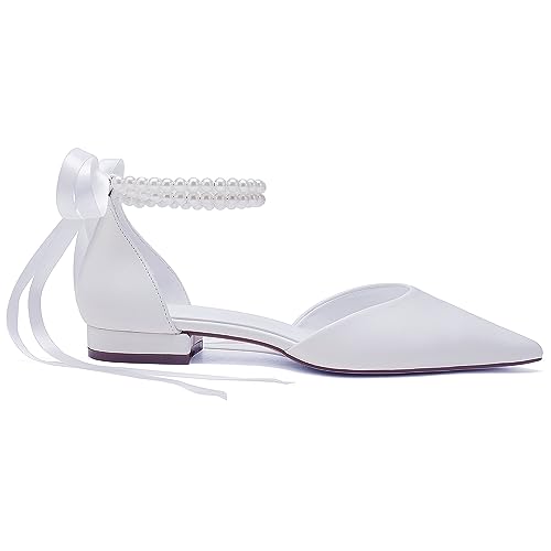 Closed Toe Pearl Wedding Flats Shoes for Bride with Bow Pointed Toe Bridal Flats Evening Prom Party Dress Shoes Pumps for Women4