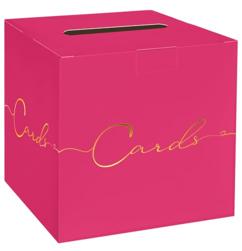 Image of HEIPINIUYE Hot Pink Wedding Card Box with Gold Foil 9.8 inch x 9.8 inch Pink Large Gift Card Box for Party Wedding Reception Graduation Birthday Baby Shower Cardboard Raffle Envelope Box with Slot