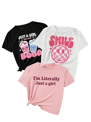 Image of SweatyRocks Girl's 3 Pack Cute Letter Graphic T Shirt Crewneck Short Sleeve Summer Casual Tee Shirt