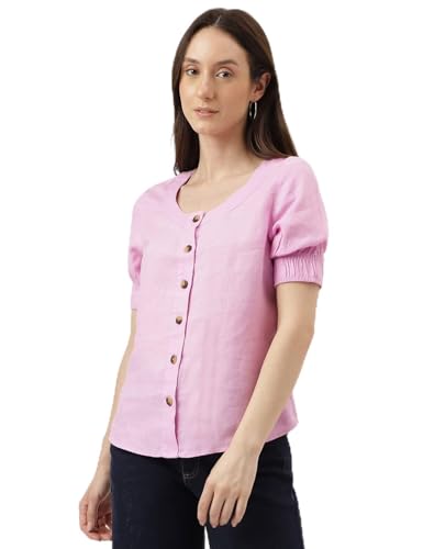 Image of Marks & Spencer Womens Solid Linen Blend Round Neck Regular Fit Top