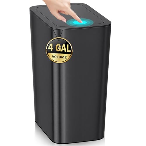 RTWDKFQ 4 Gallon Bathroom Small Trash Can with Lid, 15L Slim Garbage Bin Wastebasket with Pop-Up Lid for Bedroom, Office, Kitchen, Dorm, Fits Under Desk