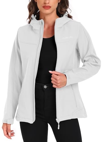 ATLASLAVA Softshelljacke Damen mit Kapuze Regenjacke Fleecejacke Wanderjacke Gefüttert Jacken Outdoor Wandern Weiß L