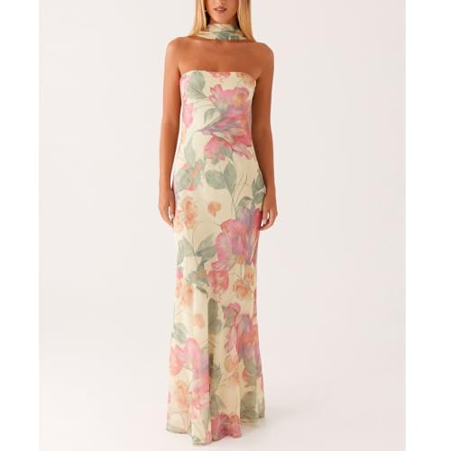 Women Floral Tube Maxi Dress with Scarf Y2k Strapless Backless Mesh Long Bodycon Dresses Formal Cocktail Sundress4