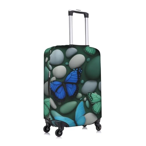 Blue Butterfly Green Butterfly And Stone Tsa Approved Luggage Cover For 18-32 Inch Suitcases Scratch-Resistant Stretch Luggage Cover3