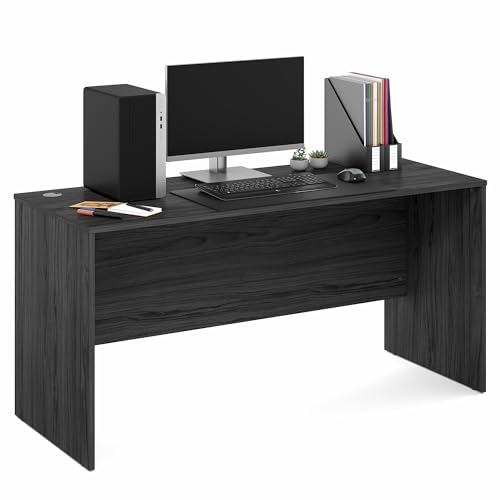 Image of Furinno Roger Computer Desk, 60 Inch Rectangular Executive Desk with Modesty Panel, Home Office Desk with Thick Tabletop, Desk Cord Grommet, Scratchproof, for Home Study, Office, Coastal Grey
