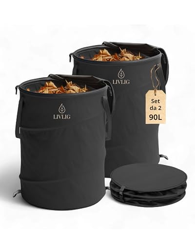 LIVLIG Pop Up - Saco de basura de jardín plegable de 90 l, con tapa y doble base, saco de hojas estable con tapa, saco para hojas y saco de basura para jardín, color negro, 2 unidades