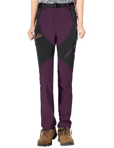 donhobo Hose Damen Outdoor Wanderhose Wasserdicht Softshellhose Fleecefutter Warm Atmungsaktiv Berghose Funktionshose Trekkinghose Lila L