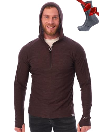 Image of Merino.tech 100% Merino Wool Hoodie Men - Slim Fit Merino Wool Base Layer Mens Half Zip Thermal Long Sleeve Shirt and Socks