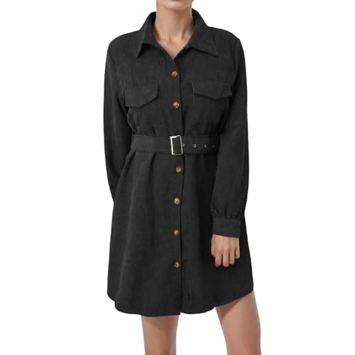 Das Taillen-Cordkleid für Damen ist modisch vielseitig im Winter Schwarzes Langarmkleid Damen (Black, S)