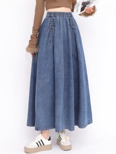 ebossy Women's Casual Cute Tie Front Denim Maxi Skirt Elastic Waist A-Line Pleated Flowy Jean Long Skirts4