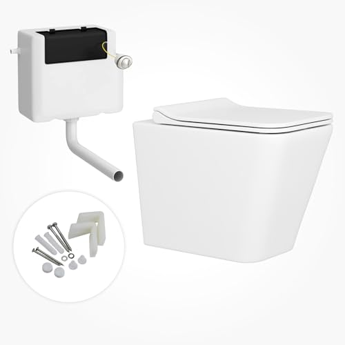 Image of Back to Wall Rimless Toilet Pan with Power Flush Gloss White Ceramic with Slim Soft Close Seat – Cistern Included – Compact Bathroom Design