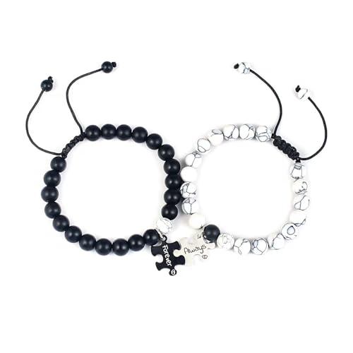 Image of JSNOM Matching Bracelets for Couples Gifts: Long Distance Relationsihp Bracelet for Boyfriend Girlfriend Fiance Soulmate on Birthday Christmas Valentine's Day (A-Always&Forever-BW)
