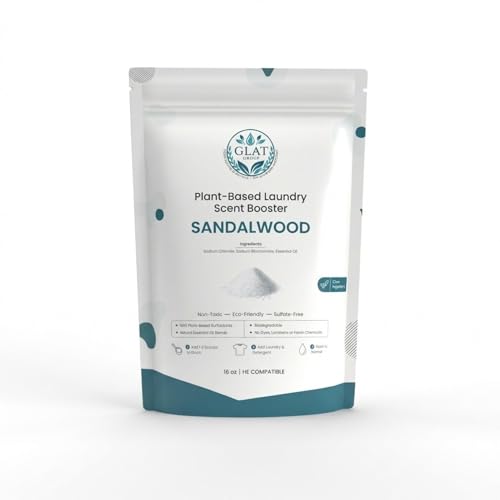 GLAT Group Plant-Based Laundry Scent Booster (Powder) - Sandalwood | Warm, Rich, Long-Lasting Creamy Woodsy Odor Eliminator | No Residue, Eco-Friendly, Non-Toxic Fabric Freshener | HE Safe, 16 Oz