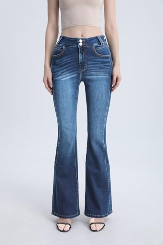 Women's High Waisted Flared Jeans Bell Bottom Bootcut with Double Button Stretch Whisker2