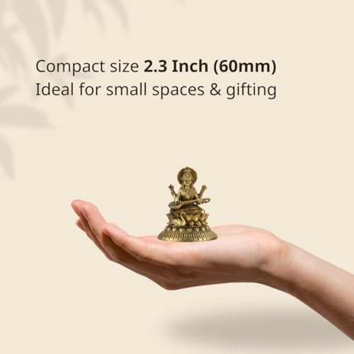 Image of 2.3 Inch Brass Ultra Fine Saraswati Brass Idol with Veena Statue (Murti) for Study Table, Home & Office Decor, Worship & Gift