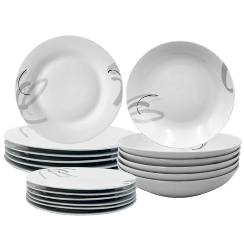 Virsus Servizio di Piatti ROTONDI per 6 Persone 7076, 18 Piatti in Porcellana color Bianco con Righe, Set composto da Piatto Fondo Diam.20,5cm, Piatto Piano Diam.24cm e Piattino Dessert Diam.19cm