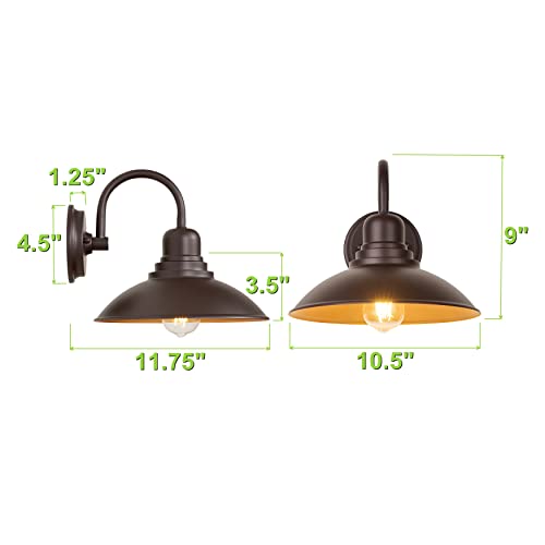 Image of GOLDHILL 10.5 inch Bronze Gooseneck Metal Outdoor Barn Light 2-Pack, Powder Coated Anti-Rust Farmhouse Exterior Wall Sconce with Gold Interior, Wet Location Rated for Porch, Garage, Bathroom Vanity