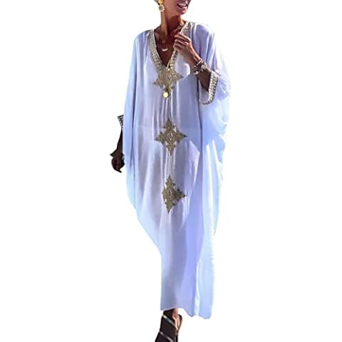 YouKD Summer Cotton Floral Long Kaftan Bohemian Loungewear Beach Swimsuit Cover Up Maxi Dress for Women White Yellow Cover
