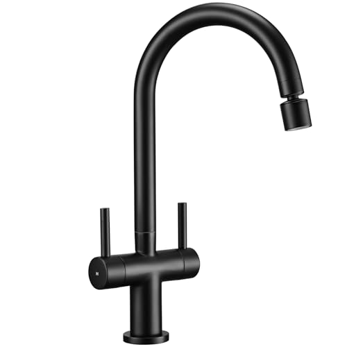 Peppermint Matt Black Kitchen Tap with Dual Function Aerator Spray Stream Kitchen Mixer Taps 1 Hole 360° Swivel Dual Lever Monobloc Sink Mixer Tap Splash-Proof Brass Swan Neck Faucets