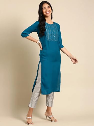 Image of SHOWOFFFF Women Solid Straight Ethnic Kurta | Round Neck 3 /4th Sleeves Cotton Kurta for Womens | Regular Fit Calf Length Kurta for Women's