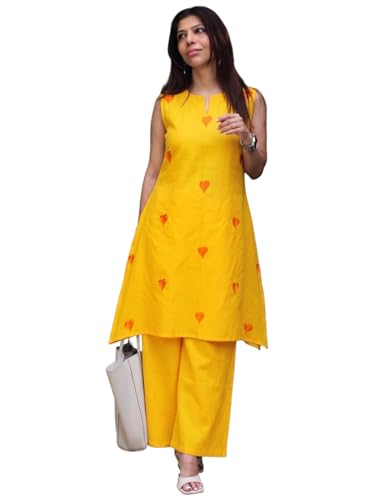 Image of ANNI Designer Kurta Set for Women Cotton Blend Embroidered | Kurti Set for Woman | Farshi Salwar Suit Kurta Palazzo Outfit | Round Neck V Slit Sleeveless Regular Fit Ethnic Dress Stylish Clothing
