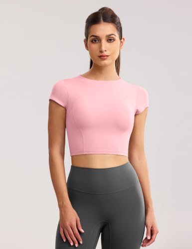 Image of ENERBLOOM Workout Crop Tops for Women Yoga Short Sleeve Removable Bra | Slim Fit, Mild Support, Crop T-Shirt, Mock Neck, Soft Comfort, High-Stretch, for Yoga,Gym & Daily Wear